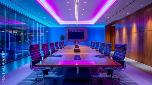 An upscale corporate boardroom featuring a long conference table, executive chairs, state-of-the-art presentation tools, contemporary decor, and ambient lighting, photo