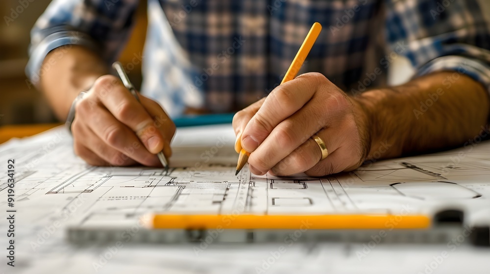 A home renovation project's architect marking up the blueprints A home renovation project's architect marking up the blueprints