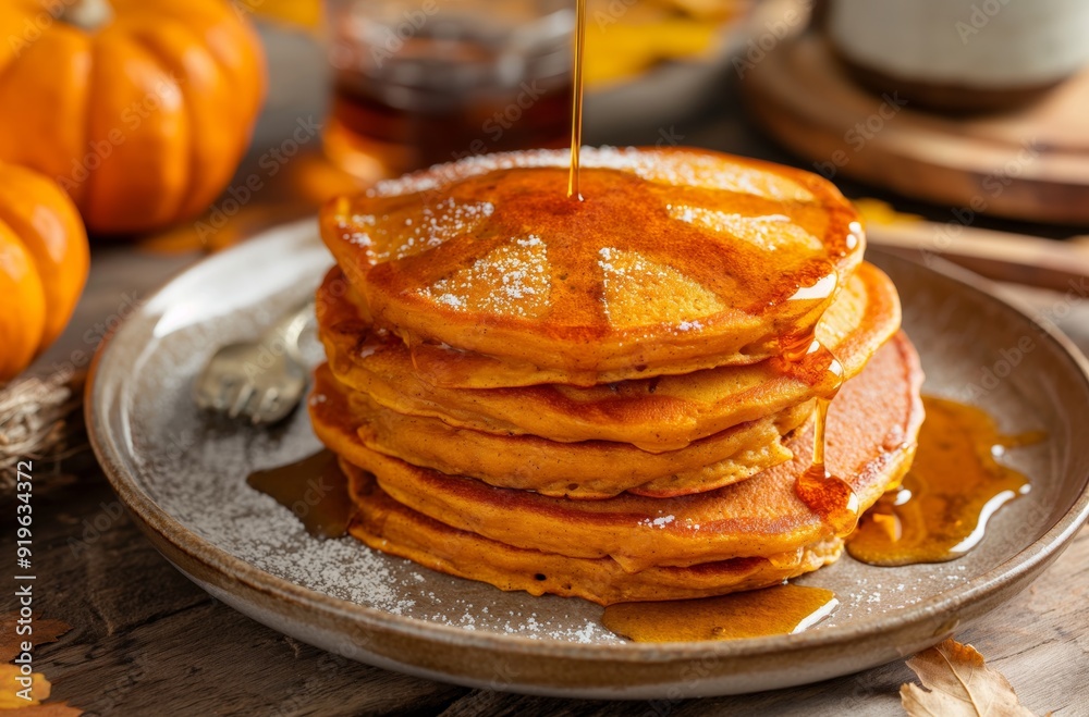 Pouring maple syrup on a stack of pumpkin spice pancakes on a plate Pouring maple syrup on a stack of pumpkin spice pancakes on a plate