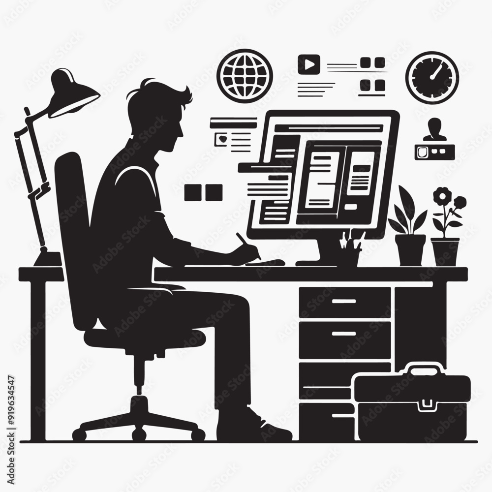 Flat project management concept with a man at the desk illustration Flat project management concept with a man at the desk illustration