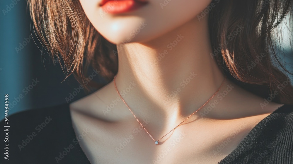 Closeup of a woman wearing a delicate gold necklace with a single diamond pendant. Closeup of a woman wearing a delicate gold necklace with a single diamond pendant.