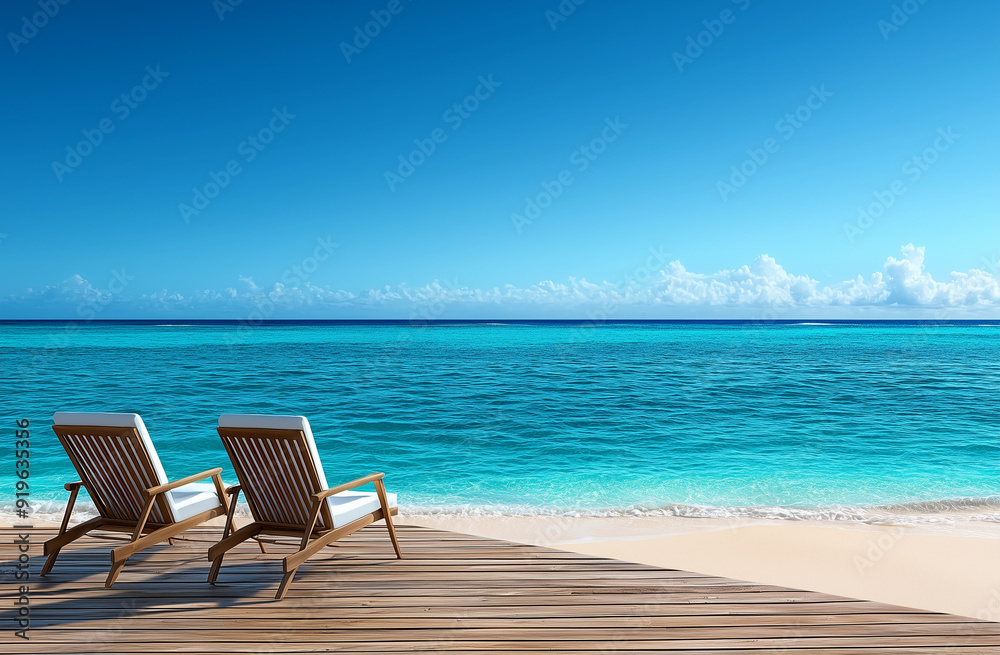 Beach chairs on the white sand beach in the tropics Beach chairs on the white sand beach in the tropics