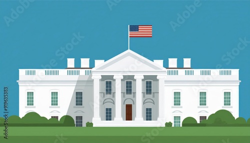 Simplified illustration of the White House with a clear blue sky, featuring a graphic design style, prominent greenery, and the American flag atop the building.