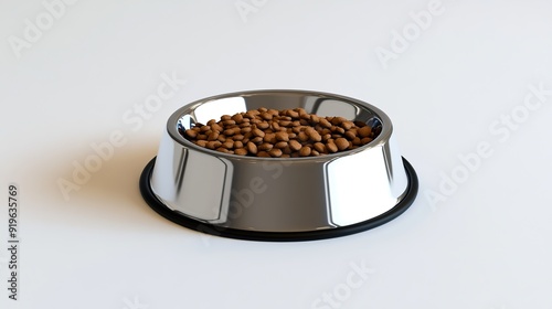 A silver pet bowl full of kibble on a white background.