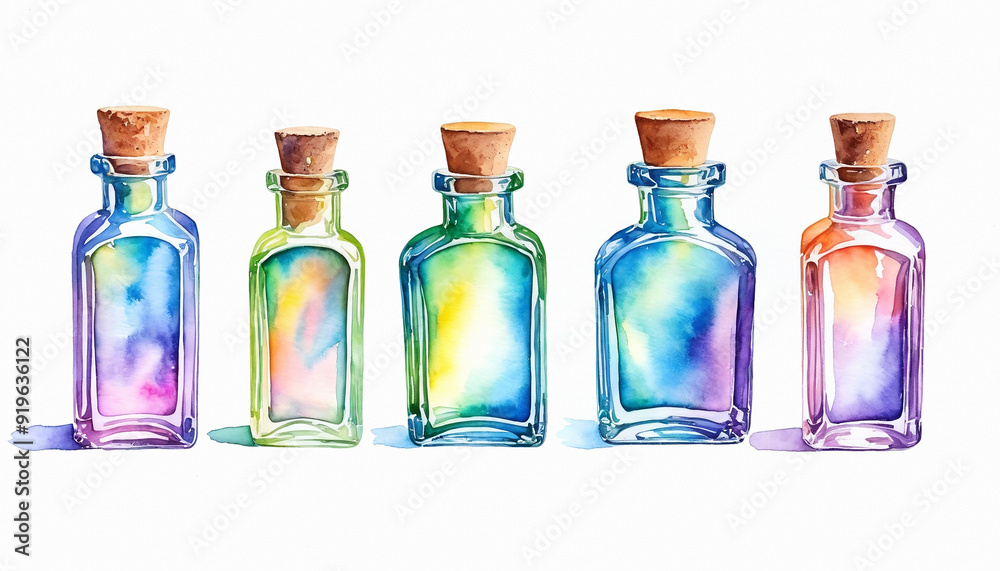 Collection of antique glass bottles in various shapes and color on white background, watercolor painting style, generative AI. Collection of antique glass bottles in various shapes and color on white background, watercolor painting style, generative AI.