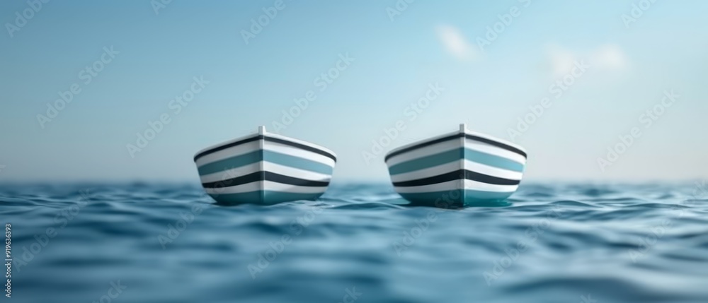 A few small boats bob on a expansive body of water's surface A few small boats bob on a expansive body of water's surface