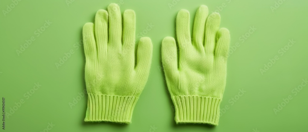  A pair of neon green gloves against a bright green background, viewed from above