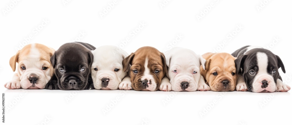 A line of puppies seated next to one another against a pristine white backdrop, gazing directly at the camera A line of puppies seated next to one another against a pristine white backdrop, gazing directly at the camera