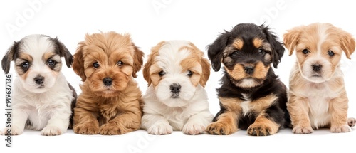  A collection of puppies seated next to one another against a pristine white backdrop, gazing directly at the camera