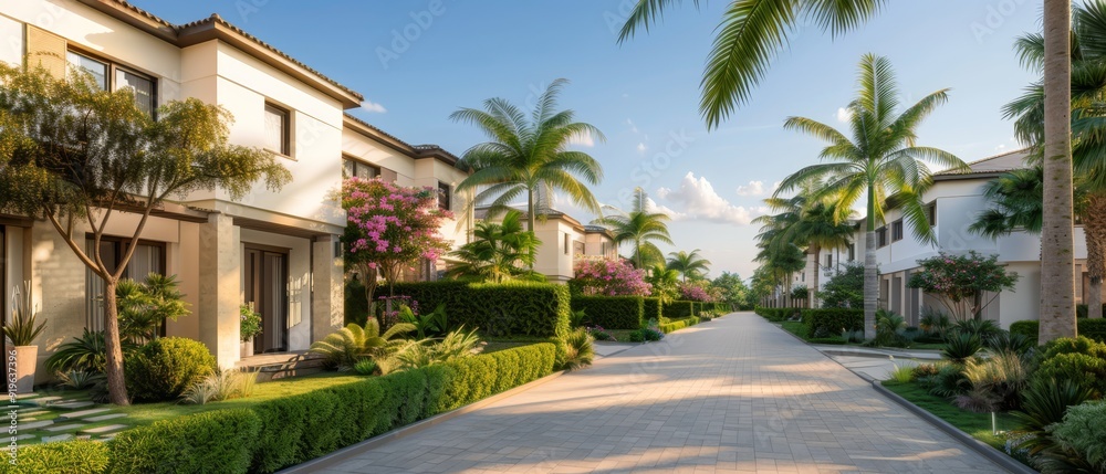 Fototapeta premium A driveway flanked by trees and bushes borders white structures, each with windows and balconies adjacent to the walkway
