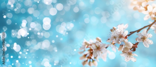  A cherry tree branch bloomed with white flowers against a blue backdrop, softly blurred background featuring light bubble bokeh