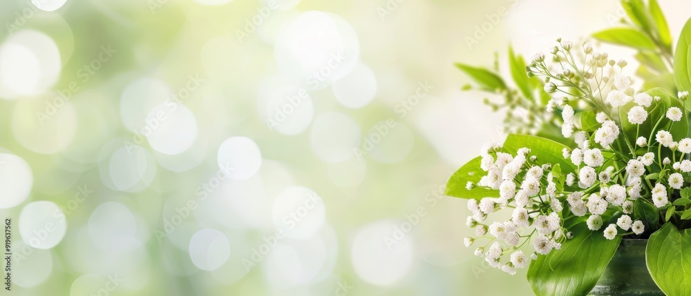 A vase, filled with white flowers, sits atop a wooden table Nearby, another vase, brimming with white blooms, is nestled among green leaves A vase, filled with white flowers, sits atop a wooden table Nearby, another vase, brimming with white blooms, is nestled among green leaves