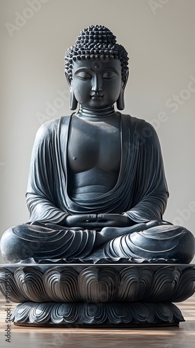 A serene Buddha statue in a meditative pose, centered on a plain white background, symbolizing peace and enlightenment, with soft light emanating from behind to represent spiritual awakening