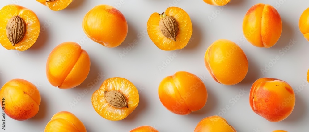 Fototapeta premium A collection of apricots arranged together on a white surface One complete apricot, the other halved