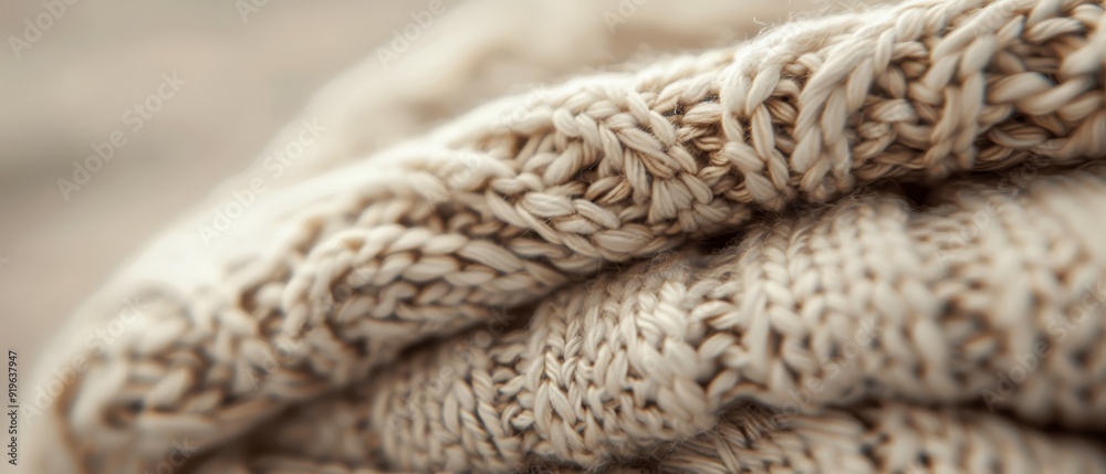 A crisp close-up of a knitted blanket, with the clear bottom half contrasting the softly blurred top portion A crisp close-up of a knitted blanket, with the clear bottom half contrasting the softly blurred top portion