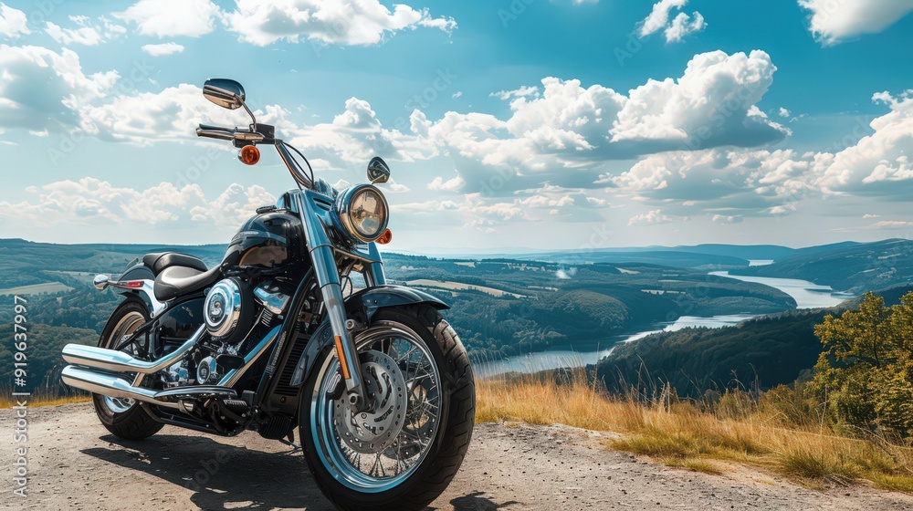 Obraz premium Visualize a sleek cruiser motorcycle parked at a scenic overlook, with expansive views of rolling hills