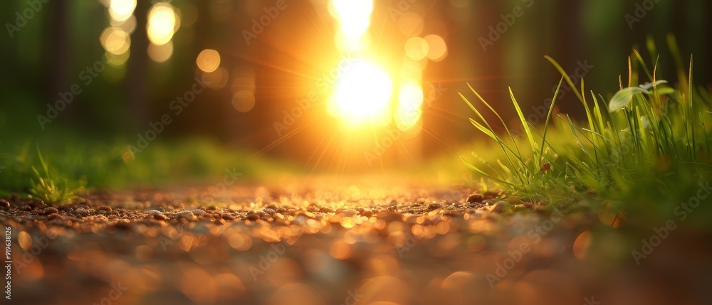 The sun shines brightly through trees, grass grows in foreground The sun shines brightly through trees, grass grows in foreground