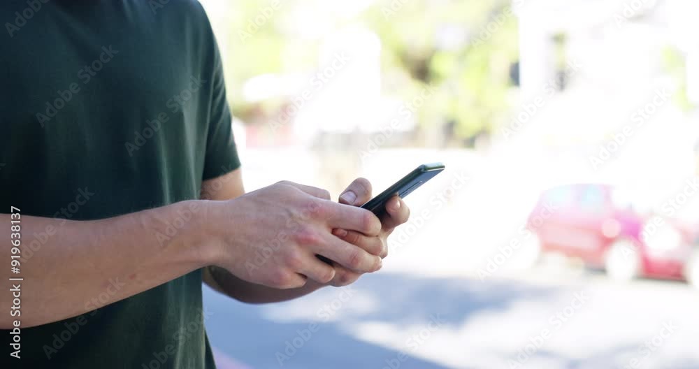 Hands, cellphone and closeup of man typing a text message for networking on social media in the city. Technology, communication and male person scroll on internet or mobile app with phone in town. Hands, cellphone and closeup of man typing a text message for networking on social media in the city. Technology, communication and male person scroll on internet or mobile app with phone in town.