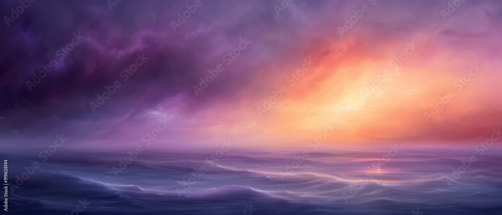 A sunset painting over a body of water featuring a boat in the foreground and one in the distance A sunset painting over a body of water featuring a boat in the foreground and one in the distance