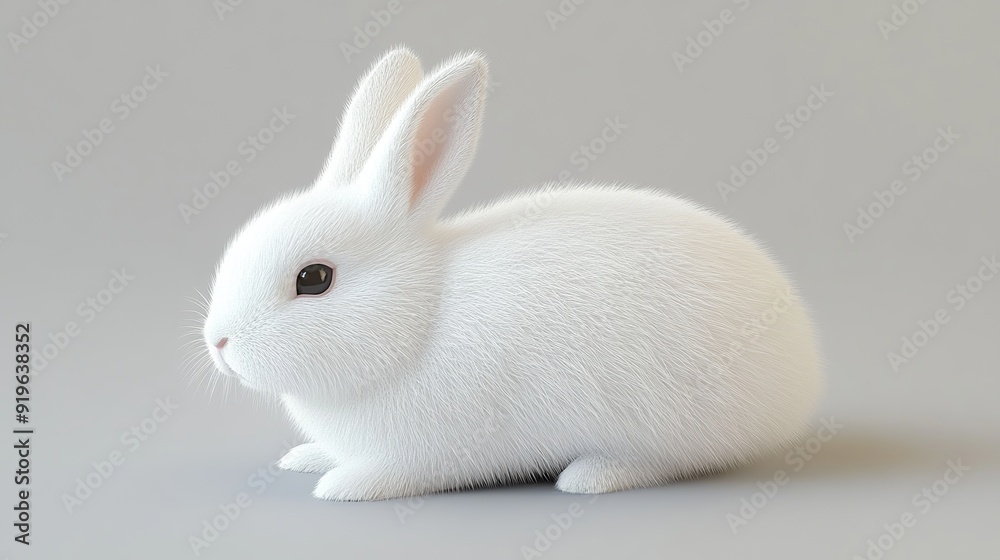 A white rabbit with soft fur and long ears is sitting on a grey background. A white rabbit with soft fur and long ears is sitting on a grey background.