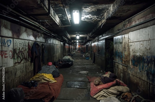 Homeless people sleeping in subway tunnel at night