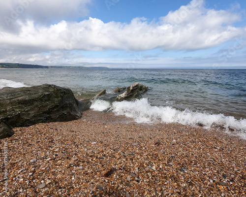 Torcross, Devon, UK - May 17 2023: Beach and sea at Torcross, Slapton Sands
