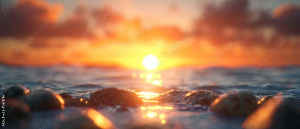  A crystal-clear image of the sun setting over a tranquil body of water, featuring rocks in the foreground and trees in the background