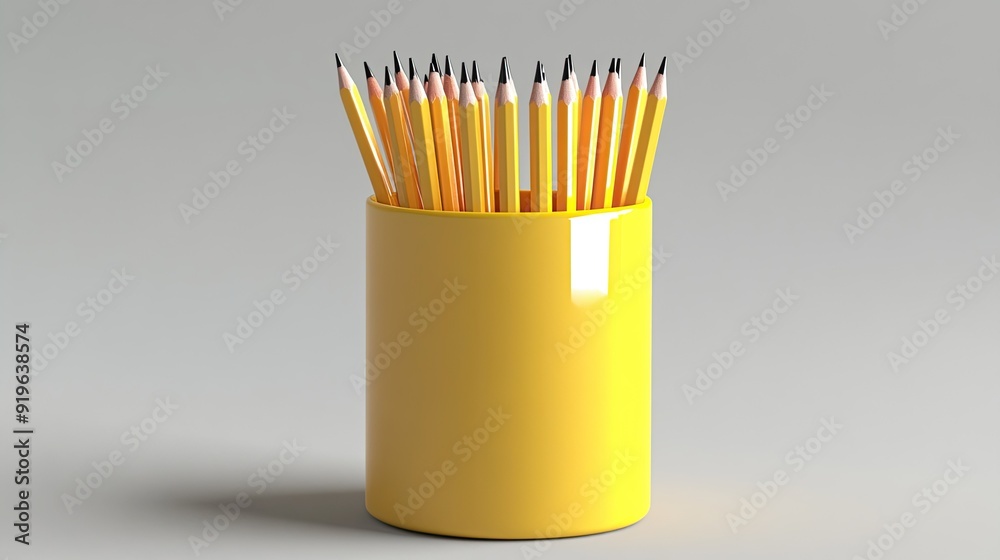 A yellow pencil holder with a bunch of pencils sticking out. A yellow pencil holder with a bunch of pencils sticking out.