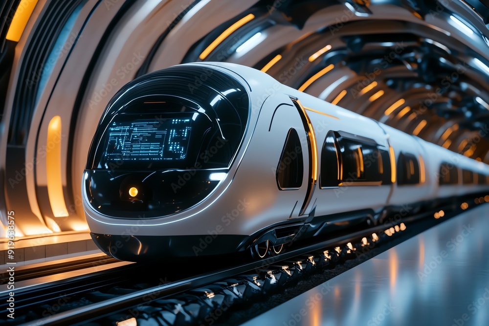 Futuristic high-speed train in a sleek, modern underground station, showcasing advanced transportation technology and cutting-edge design. Futuristic high-speed train in a sleek, modern underground station, showcasing advanced transportation technology and cutting-edge design.