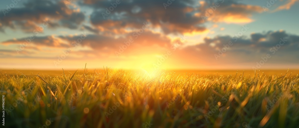 A field of grass with the sun setting behind, clouds scattered in the sky Sun sits at the heart of the scene A field of grass with the sun setting behind, clouds scattered in the sky Sun sits at the heart of the scene