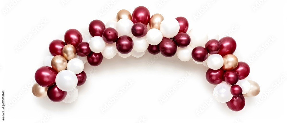 A arch-shaped arrangement of balloons, comprised of red, white, and golden ones A arch-shaped arrangement of balloons, comprised of red, white, and golden ones