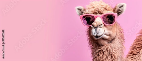  A llama wearing sunglasses, its eyes concealed, faces a pink backdrop