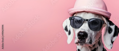  A Dalmatian in a pink hat and sunglasses, with an additional pink hat on top