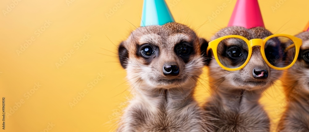 Fototapeta premium A group of meerkats, each wearing party hats and glasses, stands before a yellow backdrop