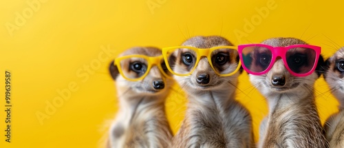  A group of meerkats dons pink and yellow sunglasses stacked atop one another against a sunny yellow backdrop