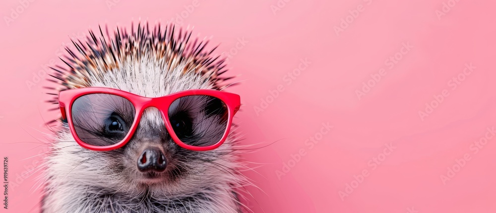 A porcupine dons red sunglasses atop its head against the pink backdrop A porcupine dons red sunglasses atop its head against the pink backdrop