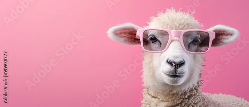  A close-up of a sheep wearing sunglasses against a pink backdrop