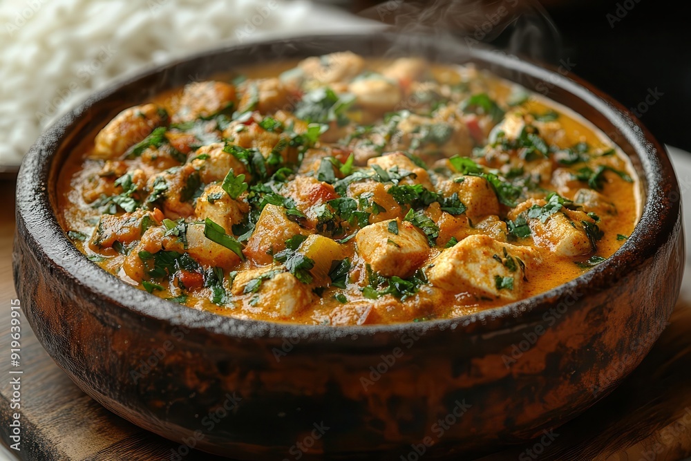 aromatic chicken tikka masala in rustic clay dish vibrant orange curry contrasts with fluffy white rice steam rises carrying enticing spices isolated on clean white for menu appeal aromatic chicken tikka masala in rustic clay dish vibrant orange curry contrasts with fluffy white rice steam rises carrying enticing spices isolated on clean white for menu appeal