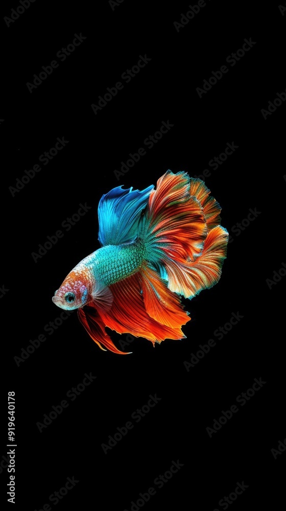 Fototapeta premium A vibrant Siamese fighting fish with flowing fins in a black background.