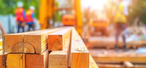 Close up of wooden beams at a construction site with a yellow crane and workers in the background.