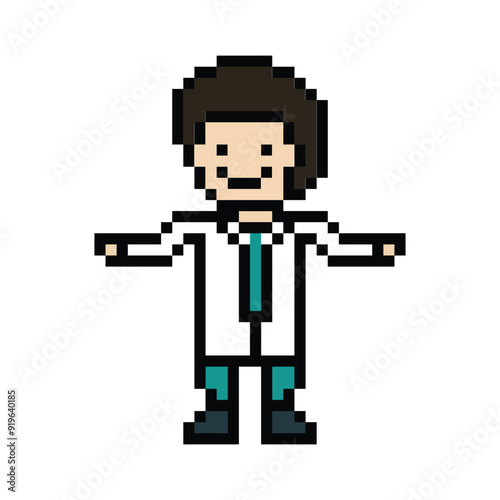 Cute pixel cartoon 8bit character man doctor or scientist game care for decoration pharmacist male doctor in hospital 8 bit male pixel art png vector.