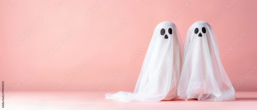 Two white ghost statues adjacent on a pink backdrop, surrounded by a pink wall Two white ghost statues adjacent on a pink backdrop, surrounded by a pink wall