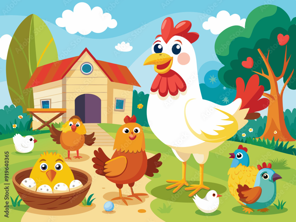 Farm bird. Cartoon different domestic poultry walking on yard. Cute chicken, rooster, nice ducks, turkeys, gooses with brood, eggs in nest. Family fowl. Mother and kids. Vector set
Farm bird. Cartoon different domestic poultry walking on yard. Cute chicken, rooster, nice ducks, turkeys, gooses with brood, eggs in nest. Family fowl. Mother and kids. Vector set