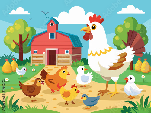 Farm bird. Cartoon different domestic poultry walking on yard. Cute chicken, rooster, nice ducks, turkeys, gooses with brood, eggs in nest. Family fowl. Mother and kids. Vector set
