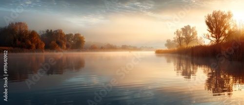  A tranquil scene of water surrounded by trees, with sunlight filtering through clouds above, casting dappled reflections on the water's surface Trees line the shore in the