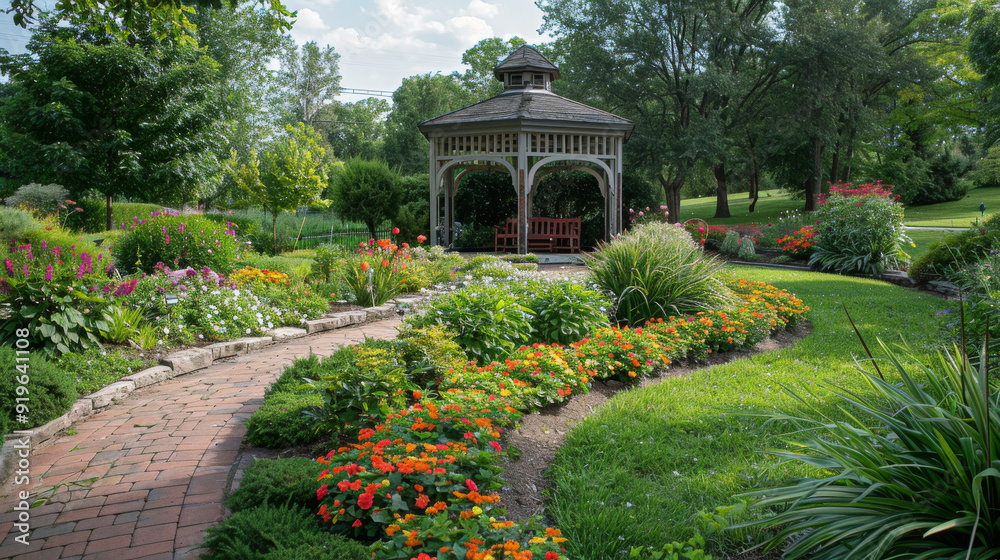 Obraz premium A beautiful garden with a gazebo and a path