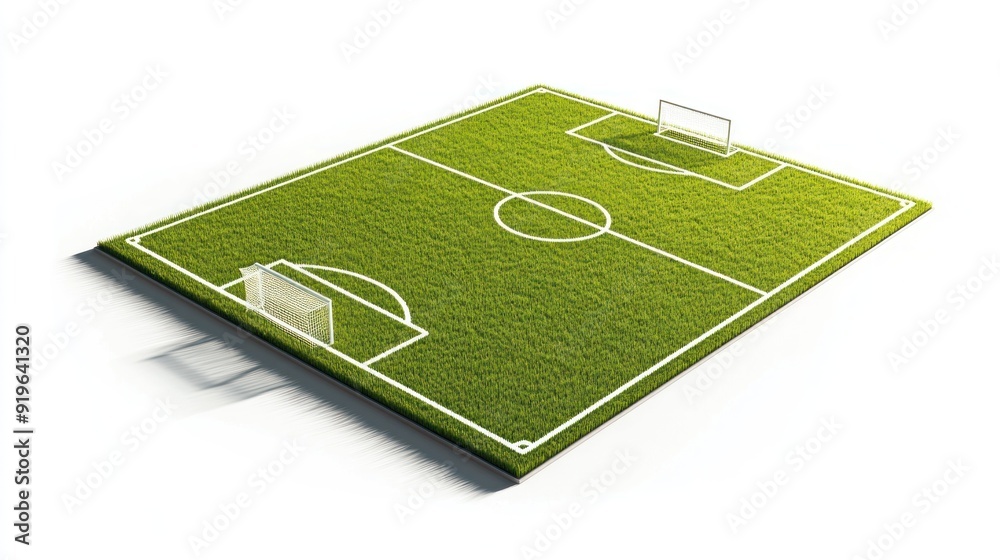Fototapeta premium A stylized, three-dimensional illustration of a soccer field with white line markings, goals, and a grass-textured surface on an isolated white background.