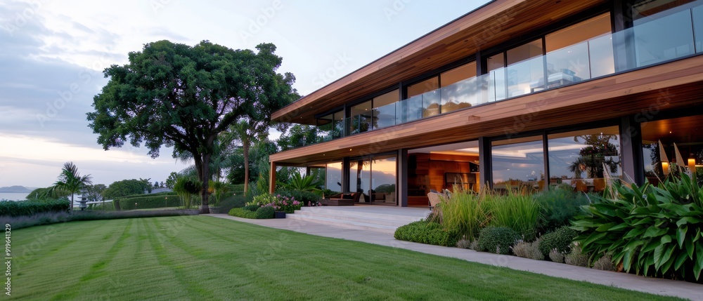A house featuring a expansive lawn in front and a sizable tree beyond its structure A house featuring a expansive lawn in front and a sizable tree beyond its structure