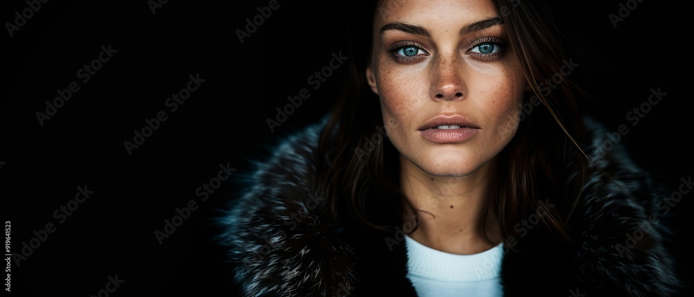  A tight shot of a woman in a fur coat, revealing her face and the collar of a white T-shirt beneath, featuring a black fur edge