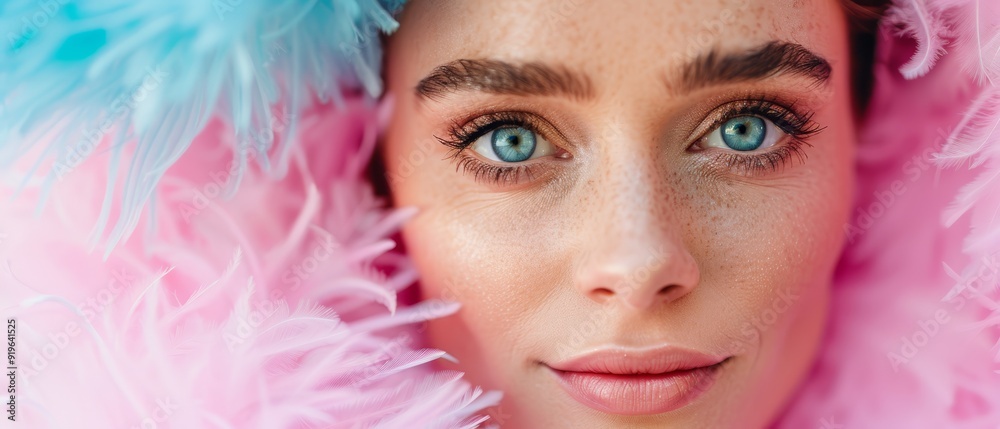 blue eyes, pink-blue feather boa around neck blue eyes, pink-blue feather boa around neck